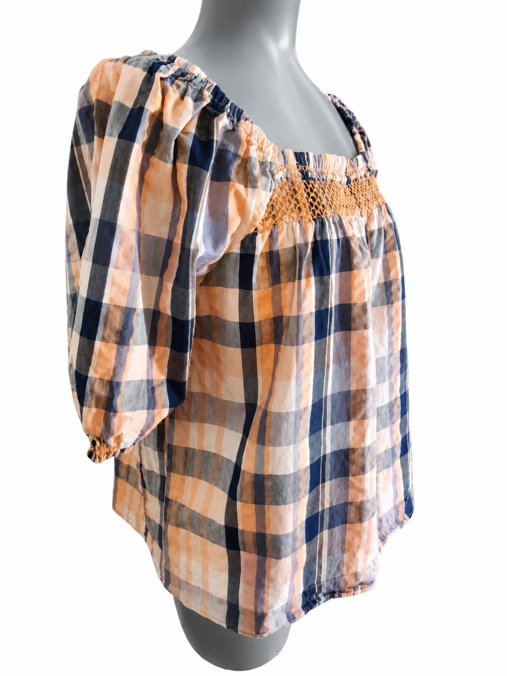 Cleo + Wolf Plaid Smocked Western Boho Vibe Peasant Blouse Large EUC - Picture 3 of 7